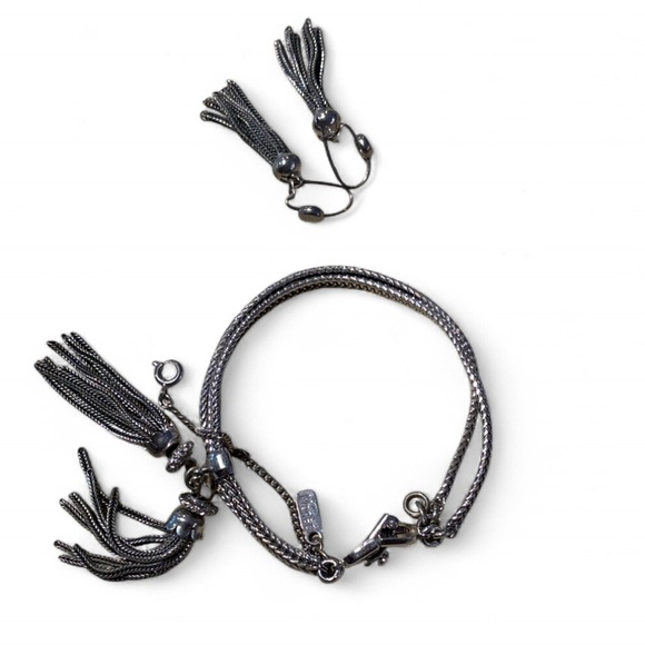 Vintage Monet Silver Tassle Jewelry Bracelet and Earring Set - Picture 2 of 7